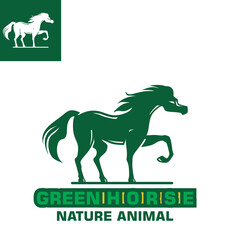 natural green horse logo, silhouette of mustang standing vector illustrations
