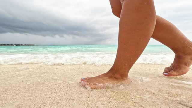 Sandy Beach Slomo Walk. Woman Feet