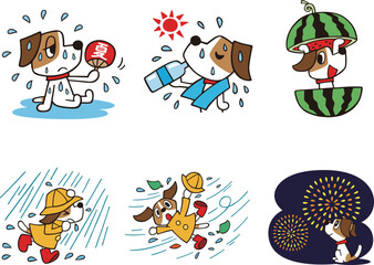 ジャックラッセルテリア犬　セット10　黒線　(猛暑、豪雨、花火、他)