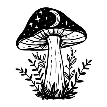 Mystical fairy mushroom decorative graphic sketch