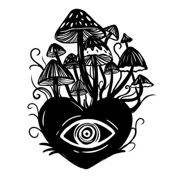Graphic ink sketch of mystical mushrooms with heart. Esoteric illustration with magic mushrooms for print, tarot, design and other