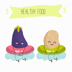 Vector illustration of funny cartoon character potato and eggplant on inflatable circles, healthy food, kitchen, ingredients, kids t-shirt design.