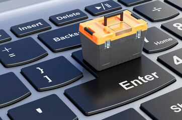 Fototapeta premium Toolbox on computer keyboard, 3D rendering