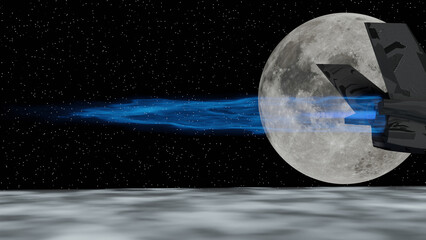 Blue afterburner from a flying fighter jet over cloud with full moon background (3D Rendering)
