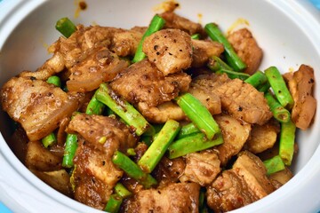 Stir Fried pork belly and red curry paste with sting bean. 
This is Local food in Thailand