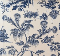 Fototapeta premium Historic Canal House Interior Toile de Jouy Wall Covering Detail with Tropical Plants and Bird in Amsterdam, Netherlands