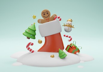 3d illustration Christmas with a big red sock with small gingerbread men inside