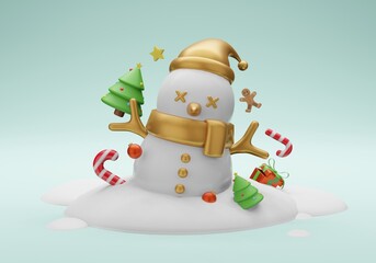 3d illustration Christmas with Snowman wearing gold scarf
