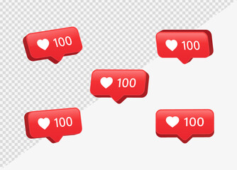 3d heart in speech bubble icon, love like heart bubbles background, social media notification icons 100 likes counter, post reactions for social network, favorite hearts, 3d rendering, 3d illustration