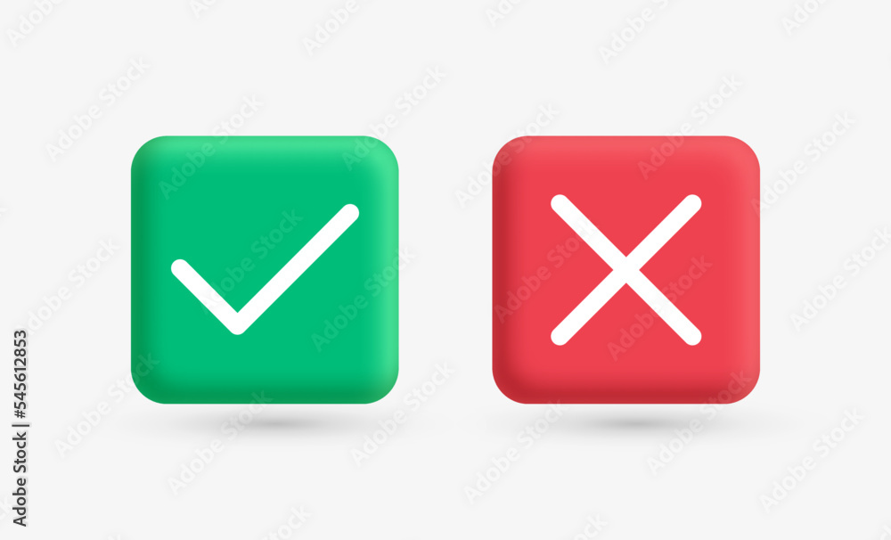 Poster 3d check mark icon button, green tick and red cross signs symbols. check box frame - yes or no 3d ch