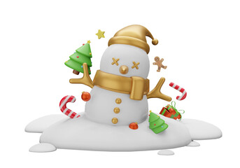3d illustration Christmas with Snowman wearing gold scarf