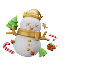 3d illustration Christmas banner with Snowman wearing gold scarf and gold winter hat