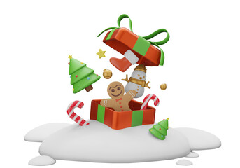 3d illustration Christmas with a big red gift box in the snow