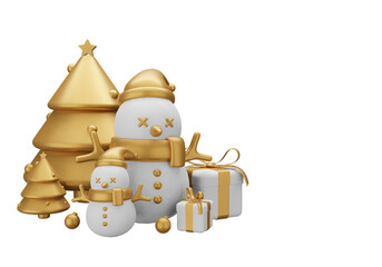 3d illustration Merry Christmas with big and small gold trees, snowman gift boxs and gold confetti