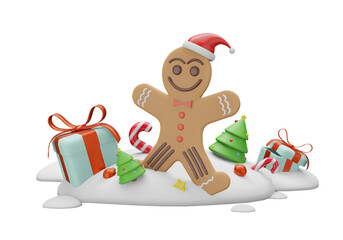 3d illustration Christmas with gingerbread cookie and gift box
