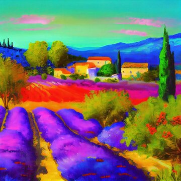 Village and age old houses inspired from Tuscany region Florence, Italy. Rural farmlands, trees and lavender fields - beautiful vibrant summer colors oil painting art
