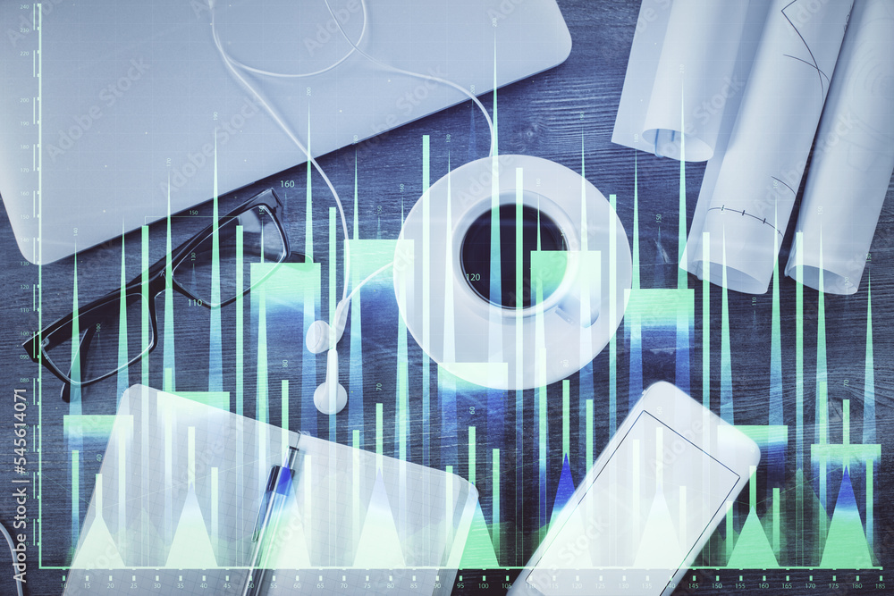 Poster Multi exposure of forex graph drawing over desktop background with computer. Concept of financial analysis. Top view.