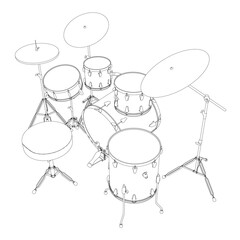 Fototapeta na wymiar Outline of a drum musical set from black lines isolated on a white background. Isometric view. 3D. Vector illustration.