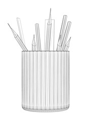Wireframe of pencils and rulers in a glass from black lines isolated on a white background. Front view. 3D. Vector illustration.