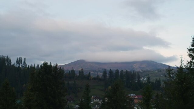 autumn carpathians, slavske, western ukraine, timelapse in the mountains, clouds and fog fly by quickly.