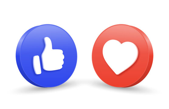 3d Like Icon Button. Thumb Up Icon, Heart Love Icon , 3d Social Media Notification Icons In Modern Buttons. Thumbs Up Sign Emoticon Icon, Favorite Hearts, 3d Rendering, 3d Illustration