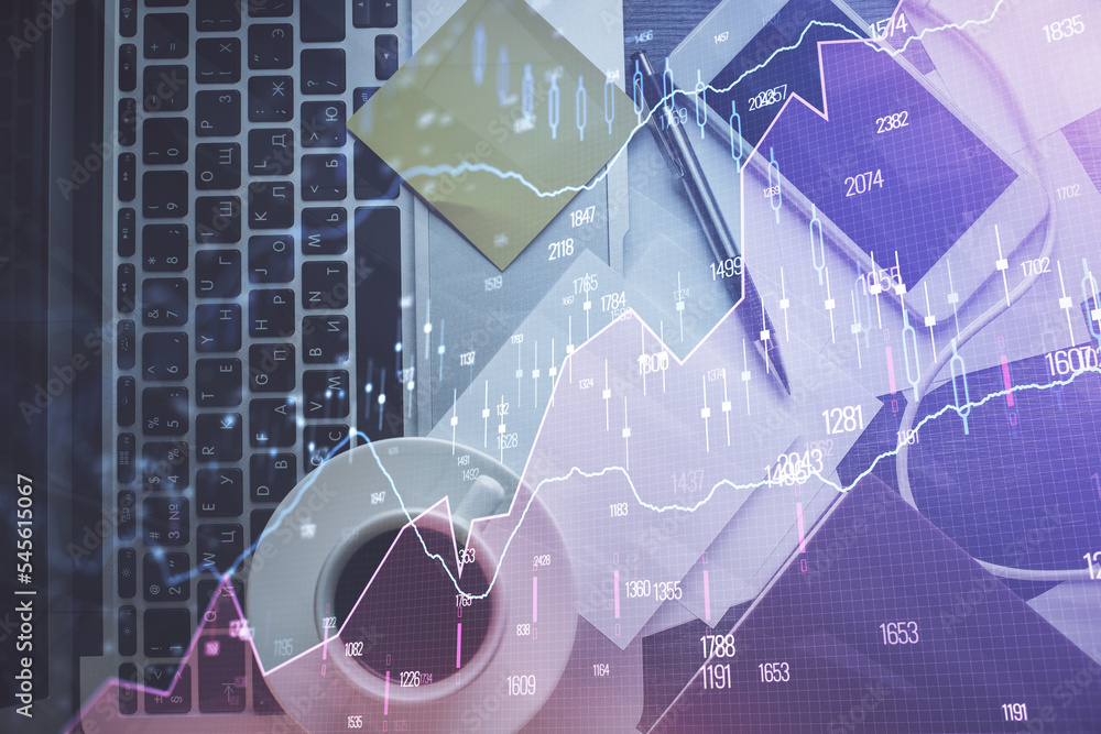 Aufkleber Double exposure of financial chart drawing over table background with computer. Concept of research and analysis. Top view.