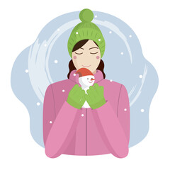 A girl with dark hair in a green hat holds a small snowman, standing on the street. Vector illustration