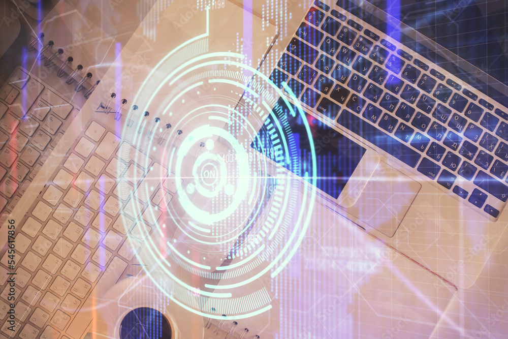 Poster Multi exposure of data theme drawing hologram over topview work desk background with computer. Concept of technology.