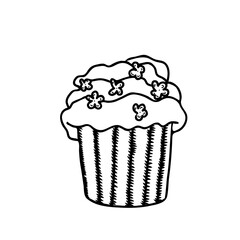 Vector hand drawn black and white cup cake.