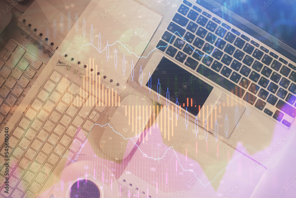 Aufkleber financial market graph and top view computer on the desktop background. multi exposure. investment c