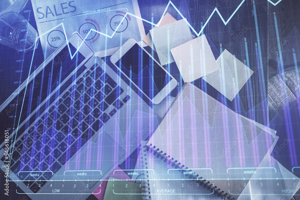 Aufkleber financial market graph and top view computer on the desktop background. multi exposure. investment c