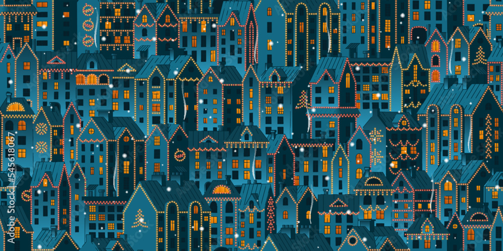 Wall mural Vector seamless Christmas background with night town. Hand-drawn illuminated townhouses with falling snow. Stock vector background.