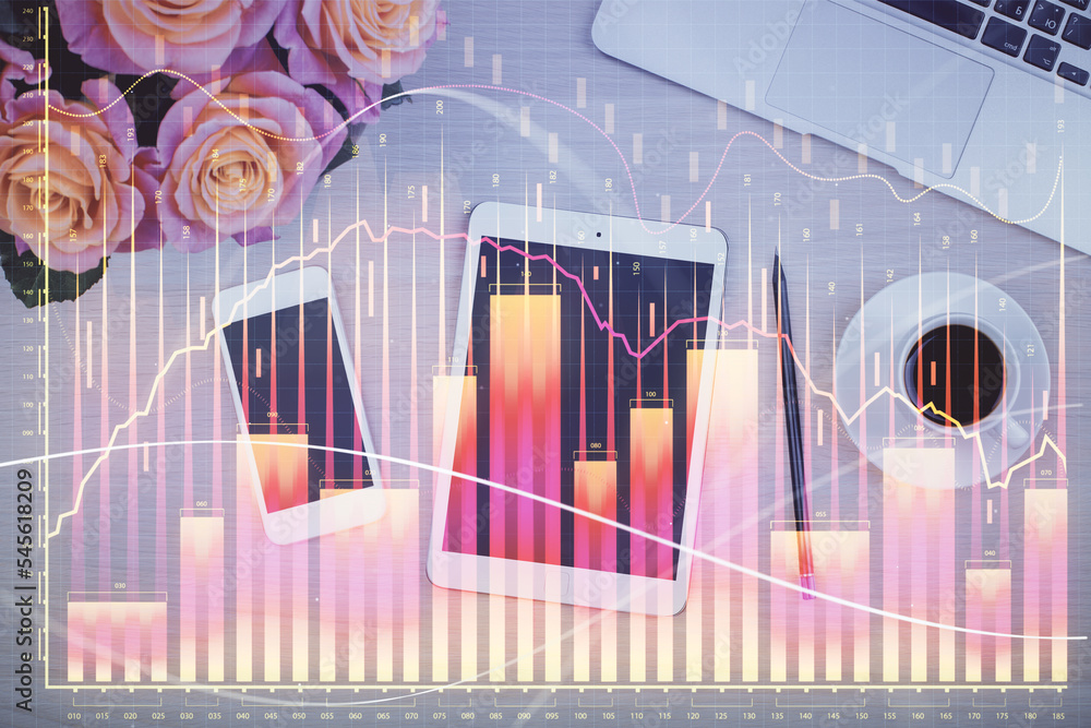 Poster double exposure of forex graph hologram over desktop with phone. top view. mobile trade platform con