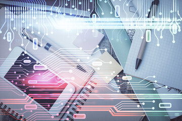 Multi exposure of technology theme drawing over work table desktop. Top view. Global data analysis concept.
