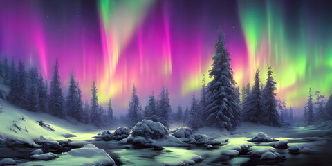 Fototapeta na wymiar Aurora Lights landscape with trees and water