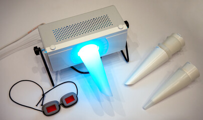 The irradiator is ultraviolet.Disinfection of the room from viruses. Medical ultraviolet device.