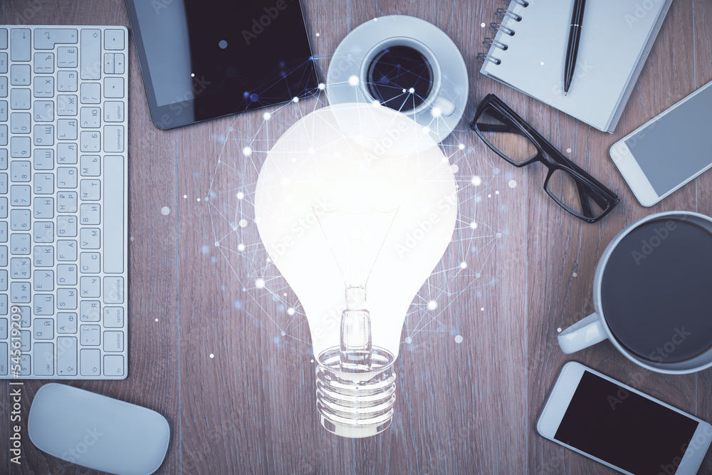 Poster Double exposure of bulb drawing over table with phone. Top view. Concept of idea.