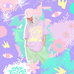 Contemporary digital collage art. Fashion concept. Trendy shades of clothes. Summer urban look,...