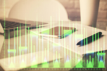 Double exposure of forex graph drawing and cell phone background. Concept of financial data analysis