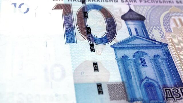 Belarus Belarusian Ruble 10 Banknotes, Ten Belarusian Ruble, Close-up and macro view of the Belarusian Ruble, Tracking and Dolly Shots 10 Belarusian Ruble banknote Observe and Reserve Side, Belarusian