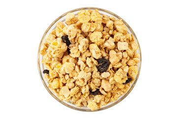 Granola bowl with raisins, nuts. Homemade crunchy granola  isolated on white background. Healthy eating.
