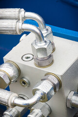 Obraz premium Hydraulic or pneumatic mechanism in industrial machine. Technology