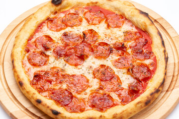 Tasty pepperoni pizza . Top view of hot pepperoni pizza.