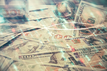 Multi exposure of forex chart drawing over us dollars bill background. Concept of financial success markets.