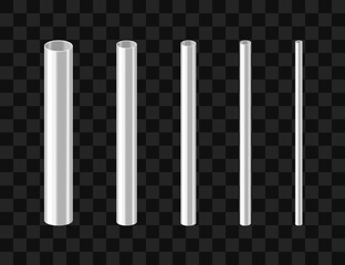 A set of steel and aluminium pipes of various diameters. Realistic vector illustration isolated on transparent background