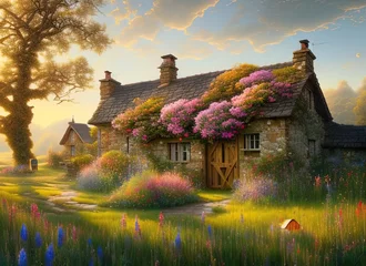 Poster A cozy stone village house on a grass field. Rural beautiful landscape with flowers and trees. Evening sky with clouds. Relaxing scene. Digital painting illustration. © Irina