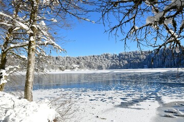 Le lac pavin dans le puy de d&ocirc;me recouvert de glace et ses sapins enneig&eacute;s tout autour par une belle journ&eacute;e ensoleill&eacute;e d'hiver
