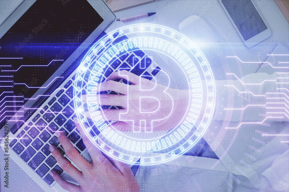 Poster double exposure of woman hands working on computer and blockchain theme hologram drawing. top view. 