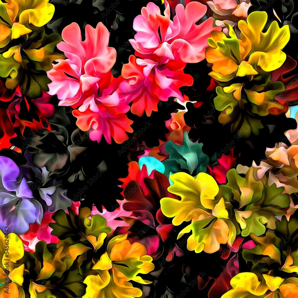 Poster Computer graphics of abstract floral psychedelic background stylization of colored chaotic stickers in the form of leaves