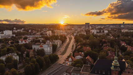 View from the drone on Gdańsk Wrzeszcz at sunset.